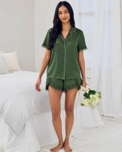 Satin Tulip Hem Lace Trim Button Up Short Pyjama Set - Forest Green