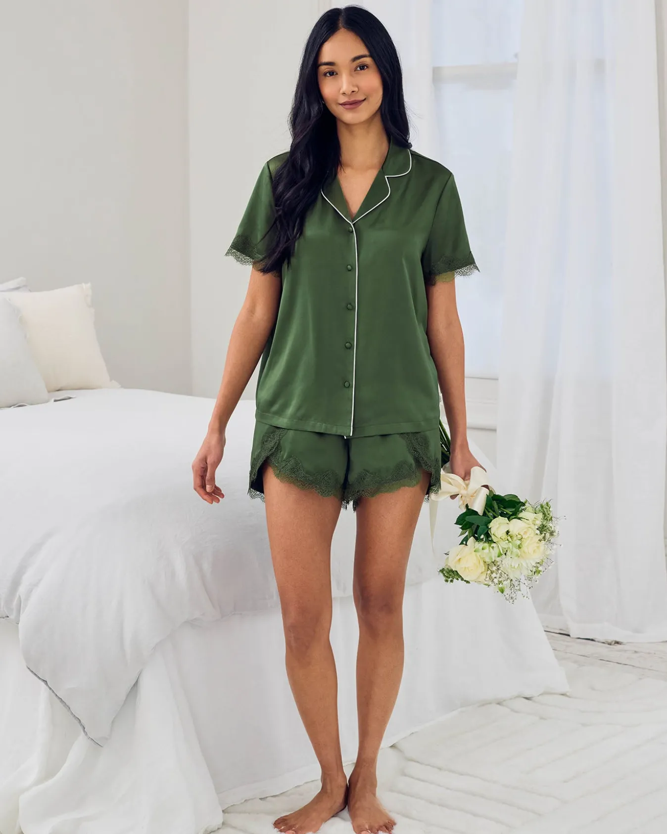 Satin Tulip Hem Lace Trim Button Up Short Pyjama Set - Forest Green