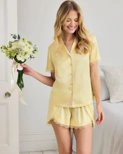 Satin Tulip Hem Lace Trim Button Up Short Pyjama Set - Butter Yellow