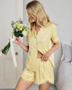 Satin Tulip Hem Lace Trim Button Up Short Pyjama Set - Butter Yellow