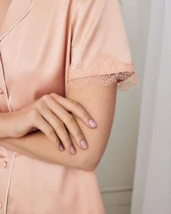 Satin Tulip Hem Lace Trim Button Up Short Pyjama Set - Peach