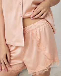Satin Tulip Hem Lace Trim Button Up Short Pyjama Set - Peach