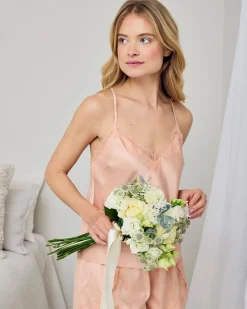 Satin Tulip Hem Lace Trim Cami Short Pyjama Set - Peach