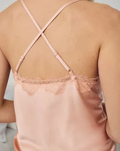 Satin Tulip Hem Lace Trim Cami Short Pyjama Set - Peach