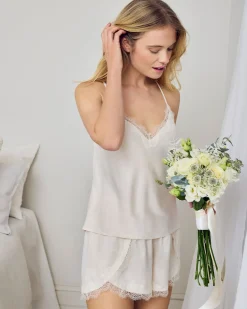Satin Tulip Hem Lace Trim Cami Short Pyjama Set - Ivory