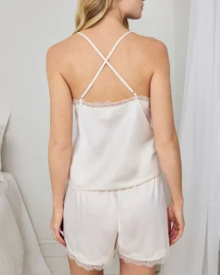 Satin Tulip Hem Lace Trim Cami Short Pyjama Set - Ivory