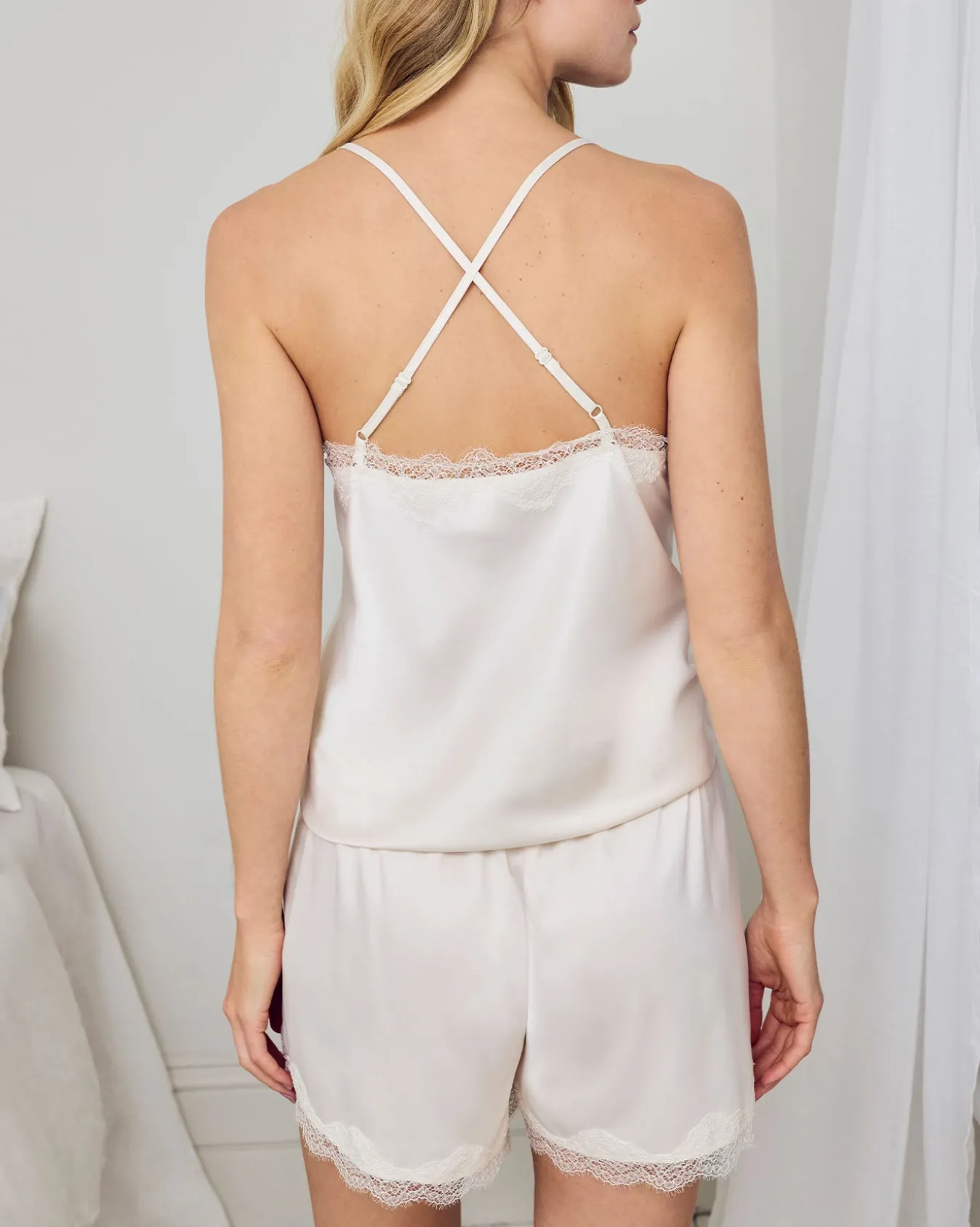 Satin Tulip Hem Lace Trim Cami Short Pyjama Set - Ivory