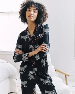 Satin Zebra Print Long Pyjama Set - Navy