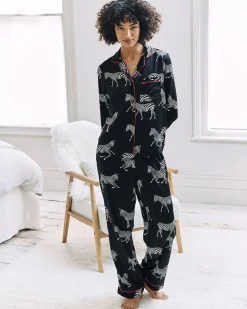 Satin Zebra Print Long Pyjama Set - Navy