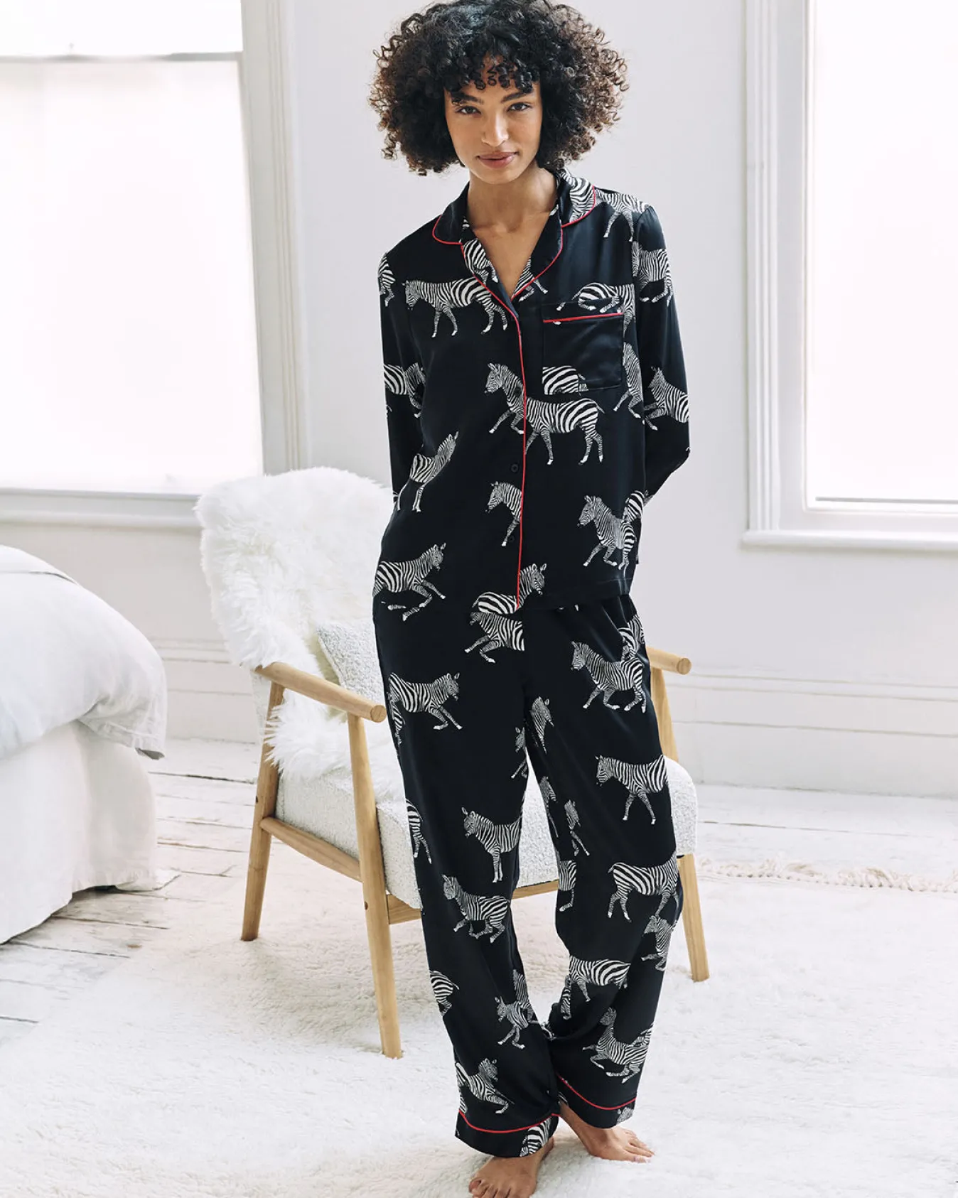 Satin Zebra Print Long Pyjama Set - Navy