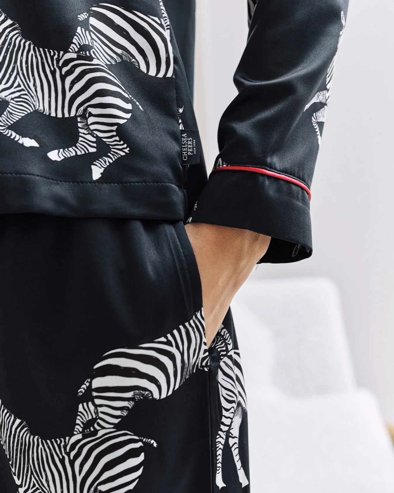 Satin Zebra Print Long Pyjama Set - Navy