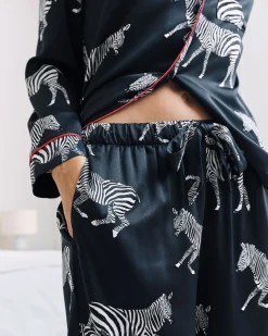 Satin Zebra Print Long Pyjama Set - Navy