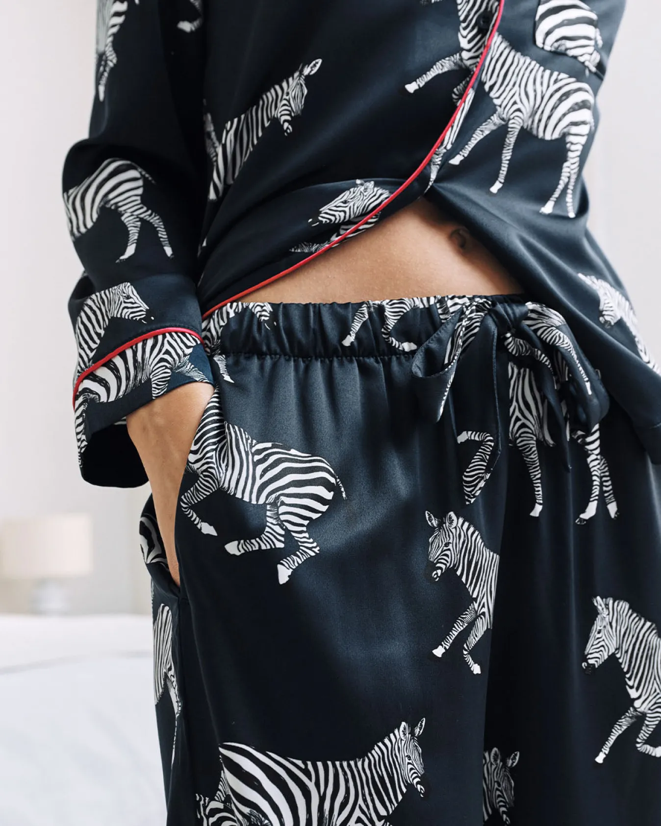 Satin Zebra Print Long Pyjama Set - Navy