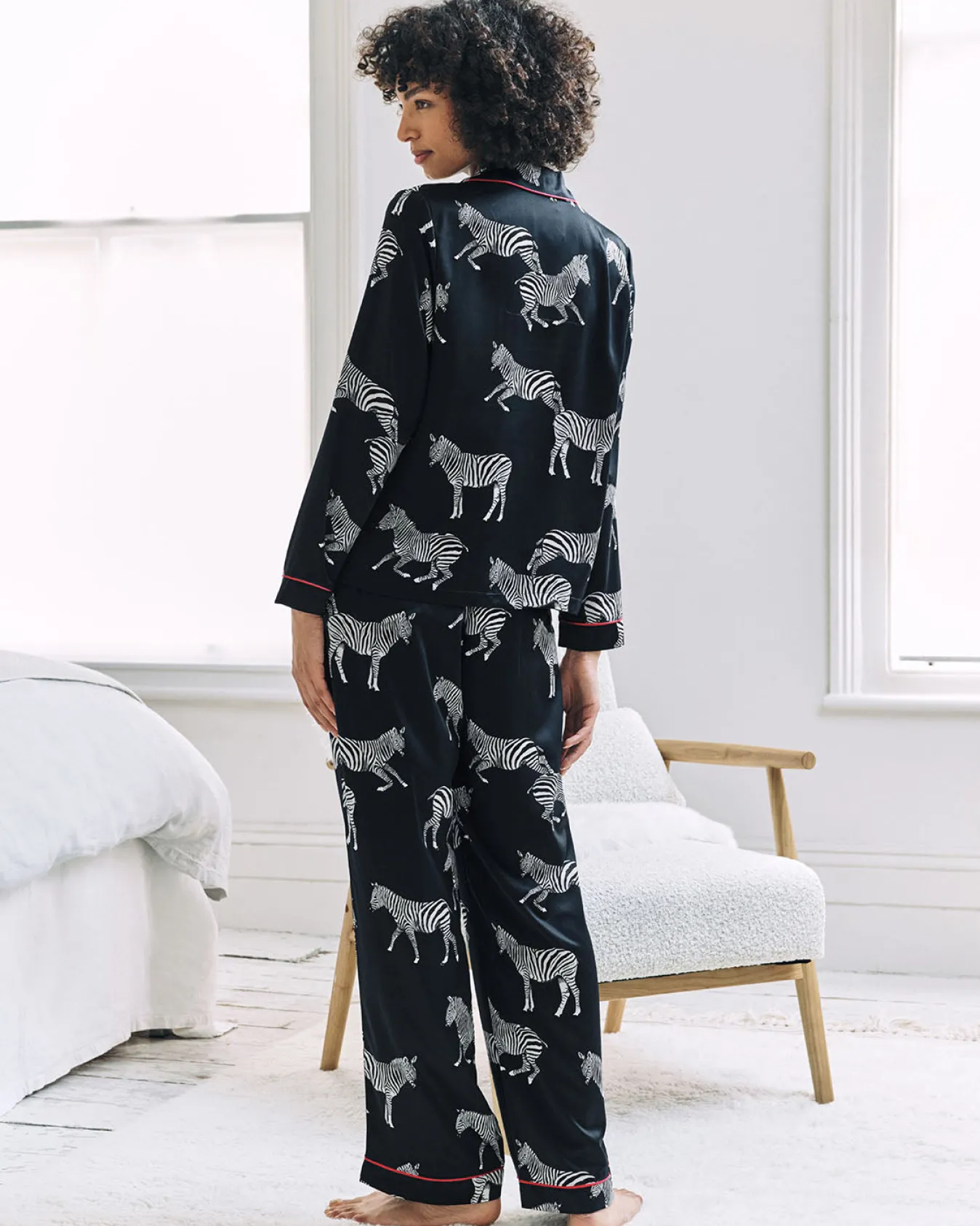 Satin Zebra Print Long Pyjama Set - Navy