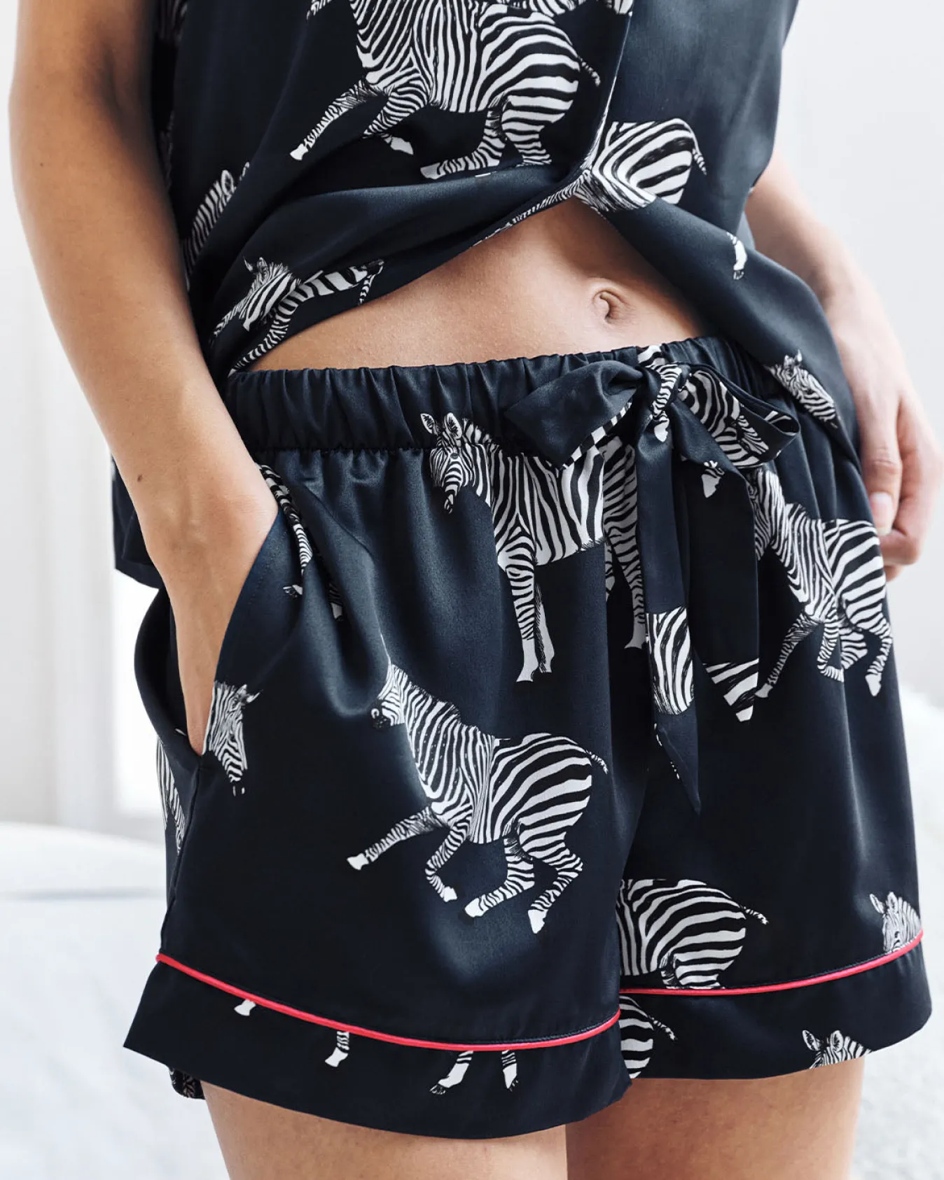 Satin Zebra Print Short Pyjama Set - Navy
