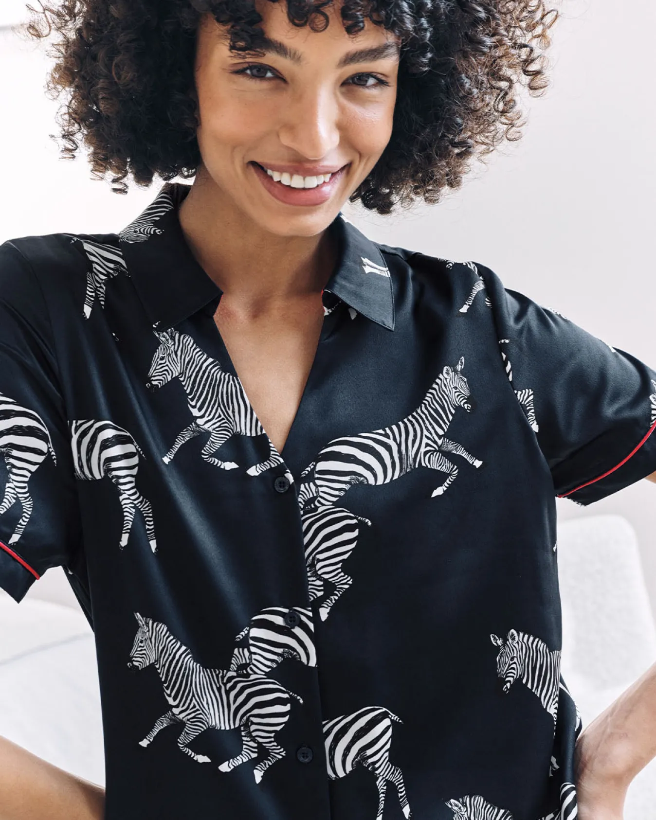 Satin Zebra Print Short Pyjama Set - Navy
