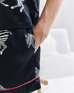 Satin Zebra Print Short Pyjama Set - Navy