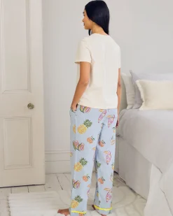 Seersucker Cotton Embroidered Toucan & Fruit Stripe Long Pyjama Set