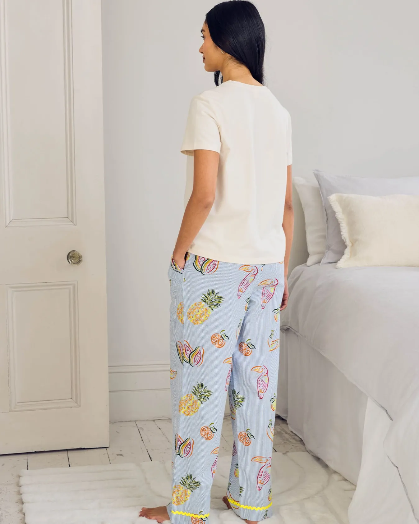 Seersucker Cotton Embroidered Toucan & Fruit Stripe Long Pyjama Set