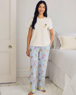 Seersucker Cotton Embroidered Toucan & Fruit Stripe Long Pyjama Set