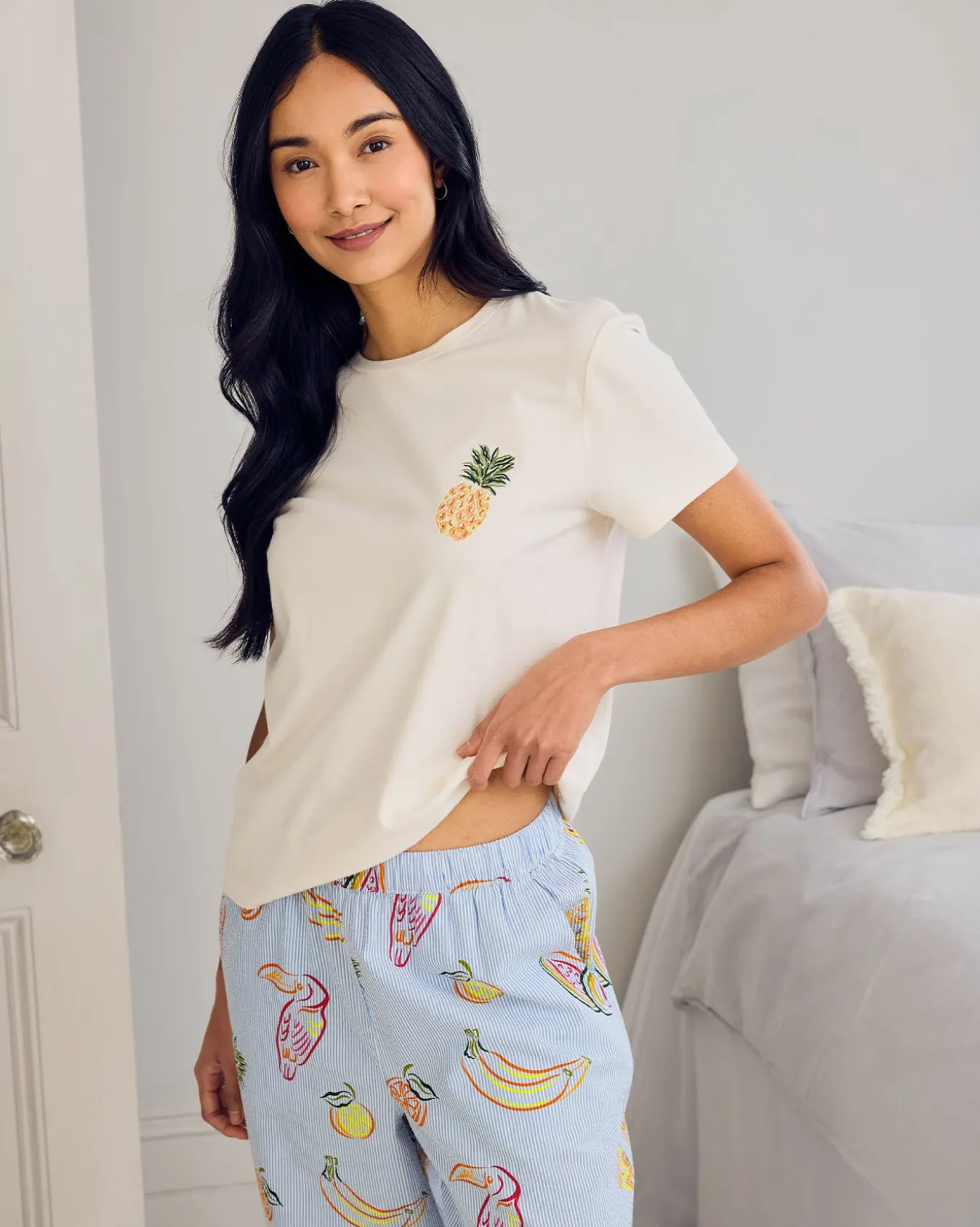 Seersucker Cotton Embroidered Toucan & Fruit Stripe Long Pyjama Set