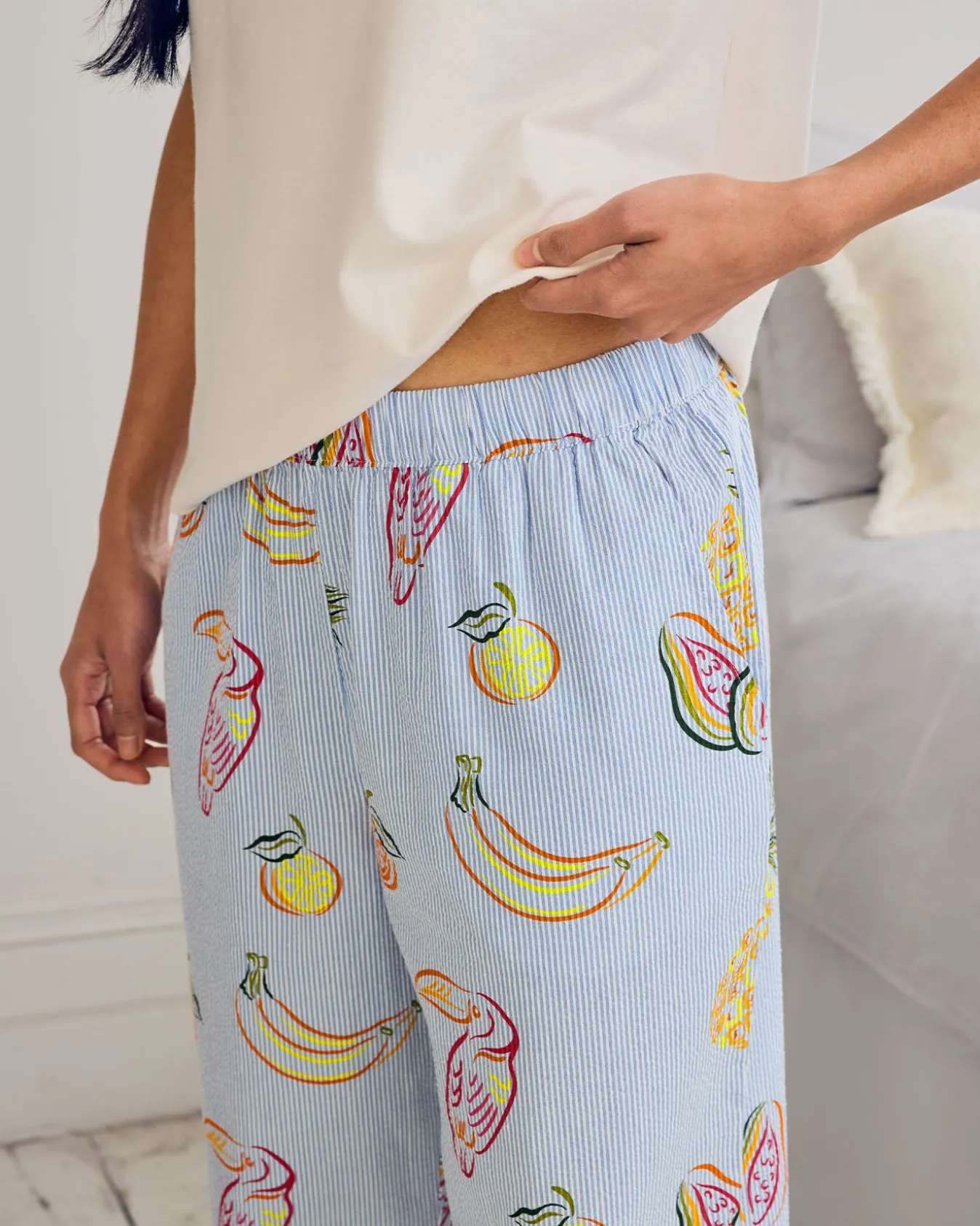 Seersucker Cotton Embroidered Toucan & Fruit Stripe Long Pyjama Set