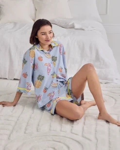 Seersucker Cotton Toucan & Fruit Stripe Print Short Pyjama Set