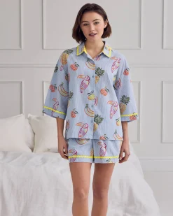 Seersucker Cotton Toucan & Fruit Stripe Print Short Pyjama Set