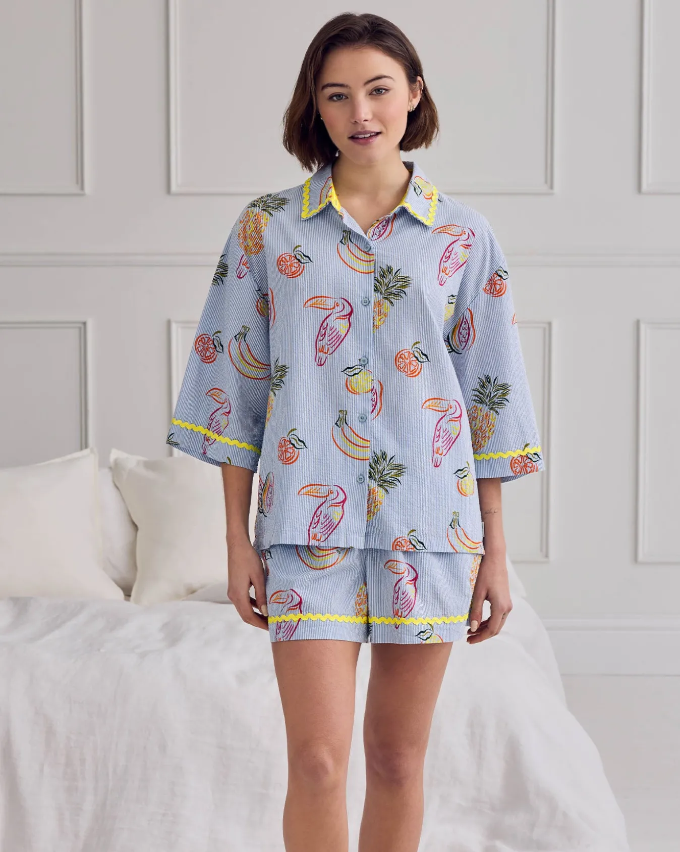 Seersucker Cotton Toucan & Fruit Stripe Print Short Pyjama Set