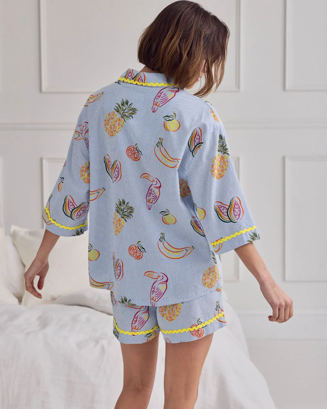 Seersucker Cotton Toucan & Fruit Stripe Print Short Pyjama Set