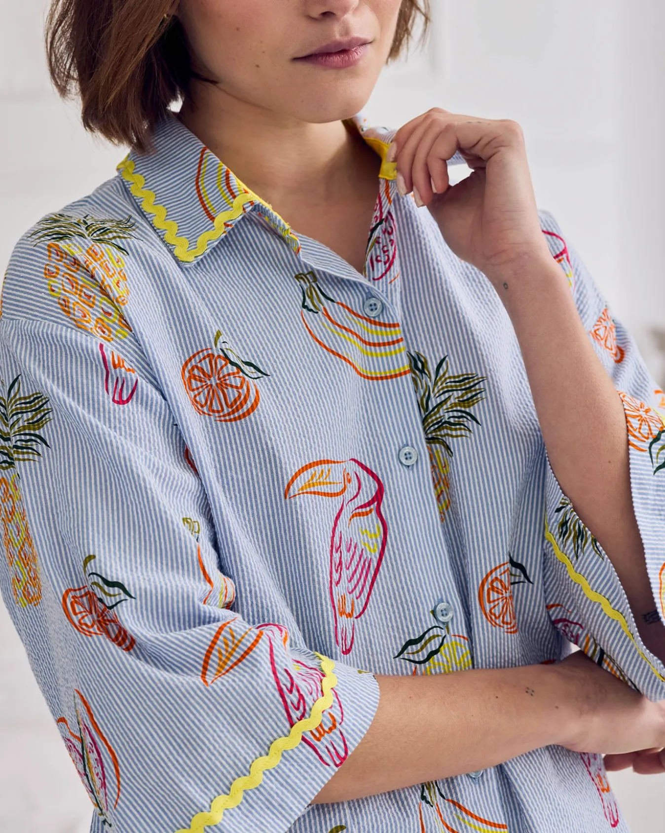 Seersucker Cotton Toucan & Fruit Stripe Print Short Pyjama Set