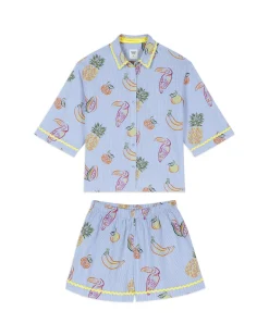 Seersucker Cotton Toucan & Fruit Stripe Print Short Pyjama Set