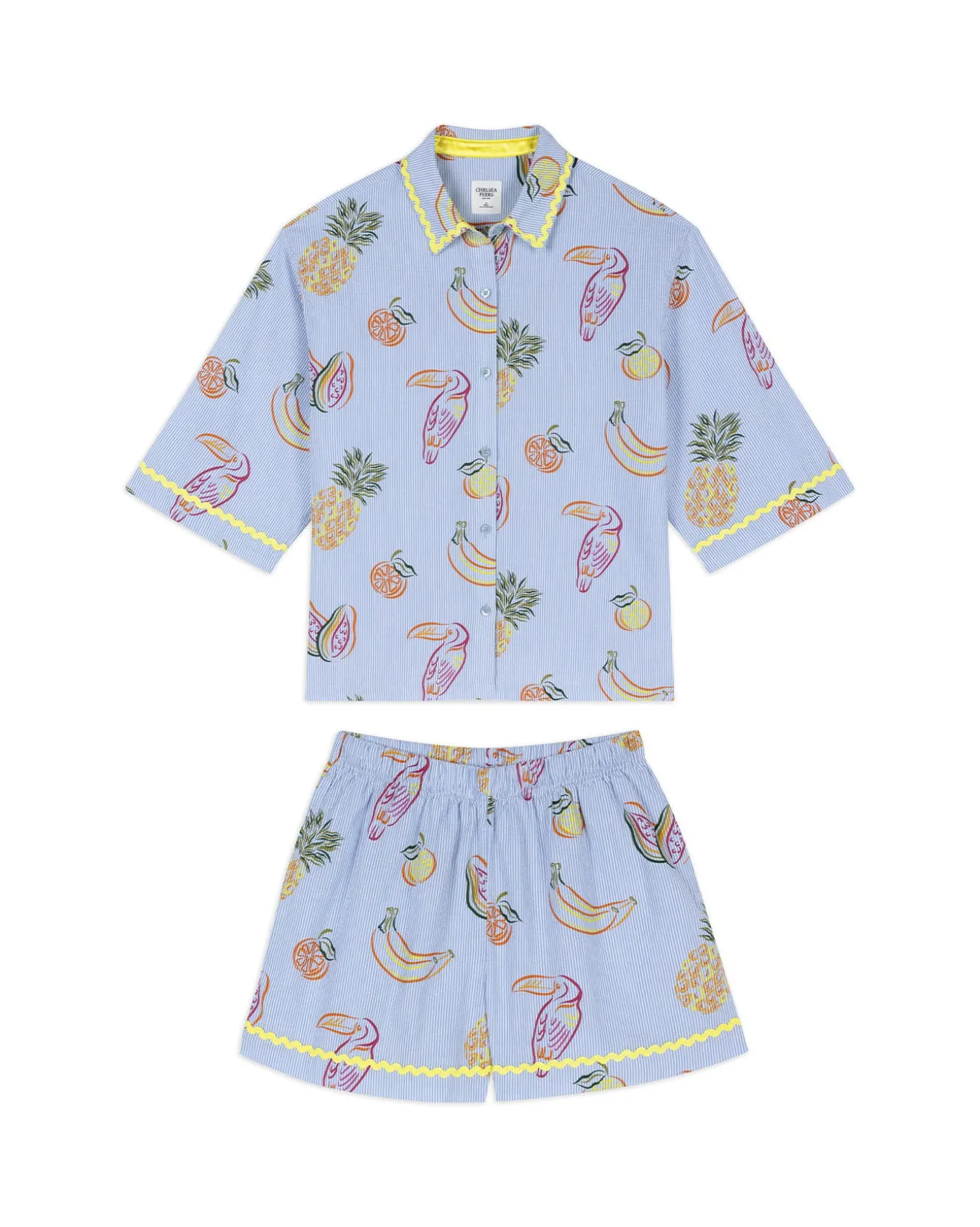 Seersucker Cotton Toucan & Fruit Stripe Print Short Pyjama Set