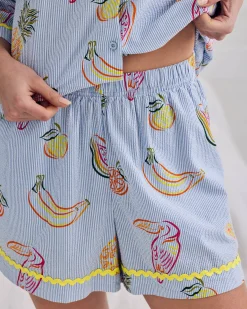 Seersucker Cotton Toucan & Fruit Stripe Print Short Pyjama Set