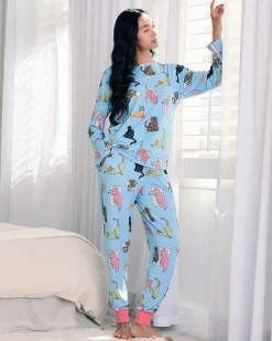 Sleepy Cats Print Long Pyjama Set
