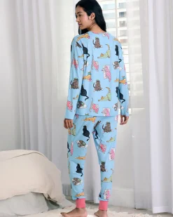 Sleepy Cats Print Long Pyjama Set