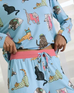 Sleepy Cats Print Long Pyjama Set