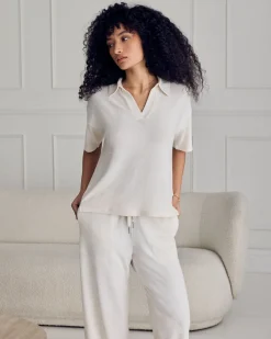 Slub-Knit V-Neck Short Sleeve Sweatshirt - Cream