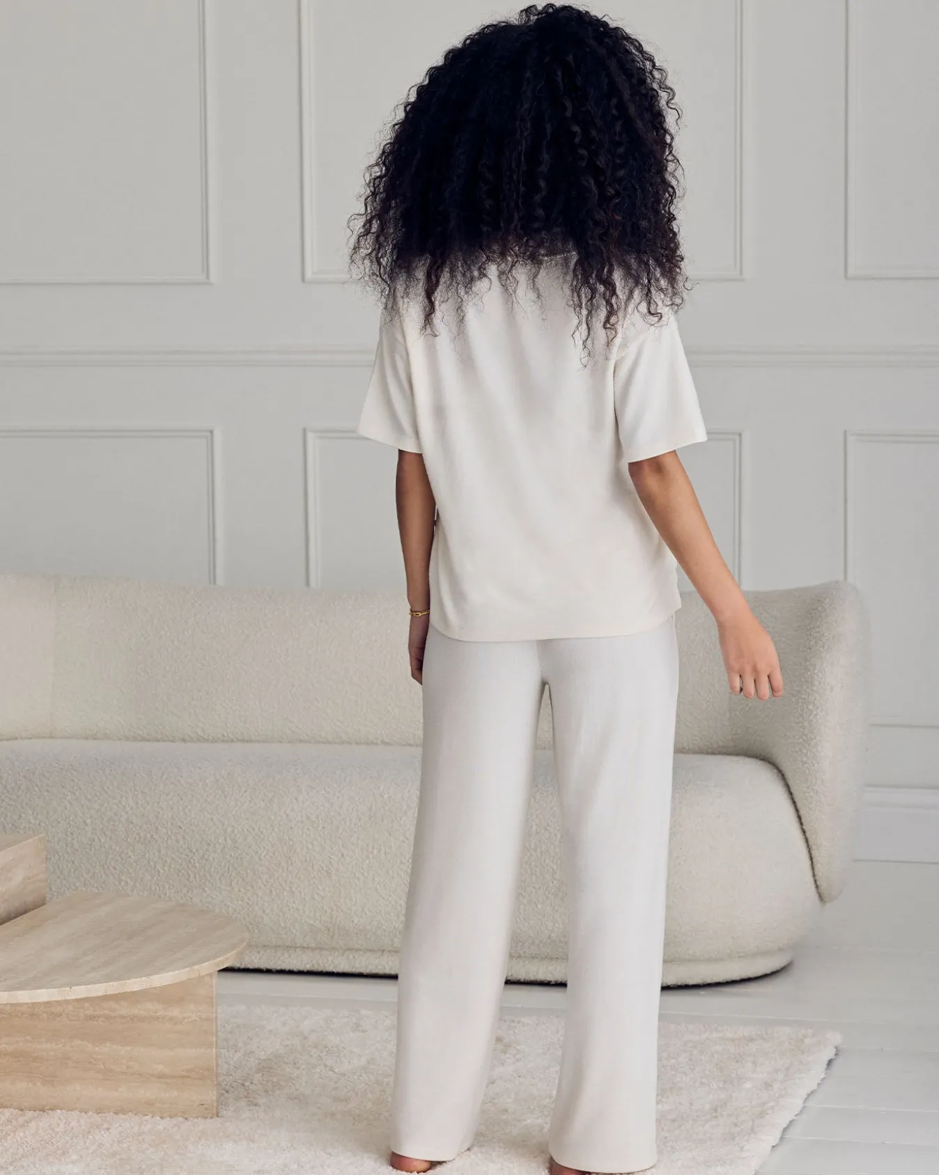 Slub-Knit V-Neck Short Sleeve Sweatshirt - Cream