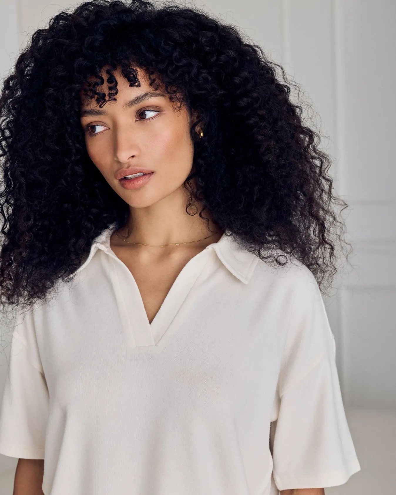Slub-Knit V-Neck Short Sleeve Sweatshirt - Cream