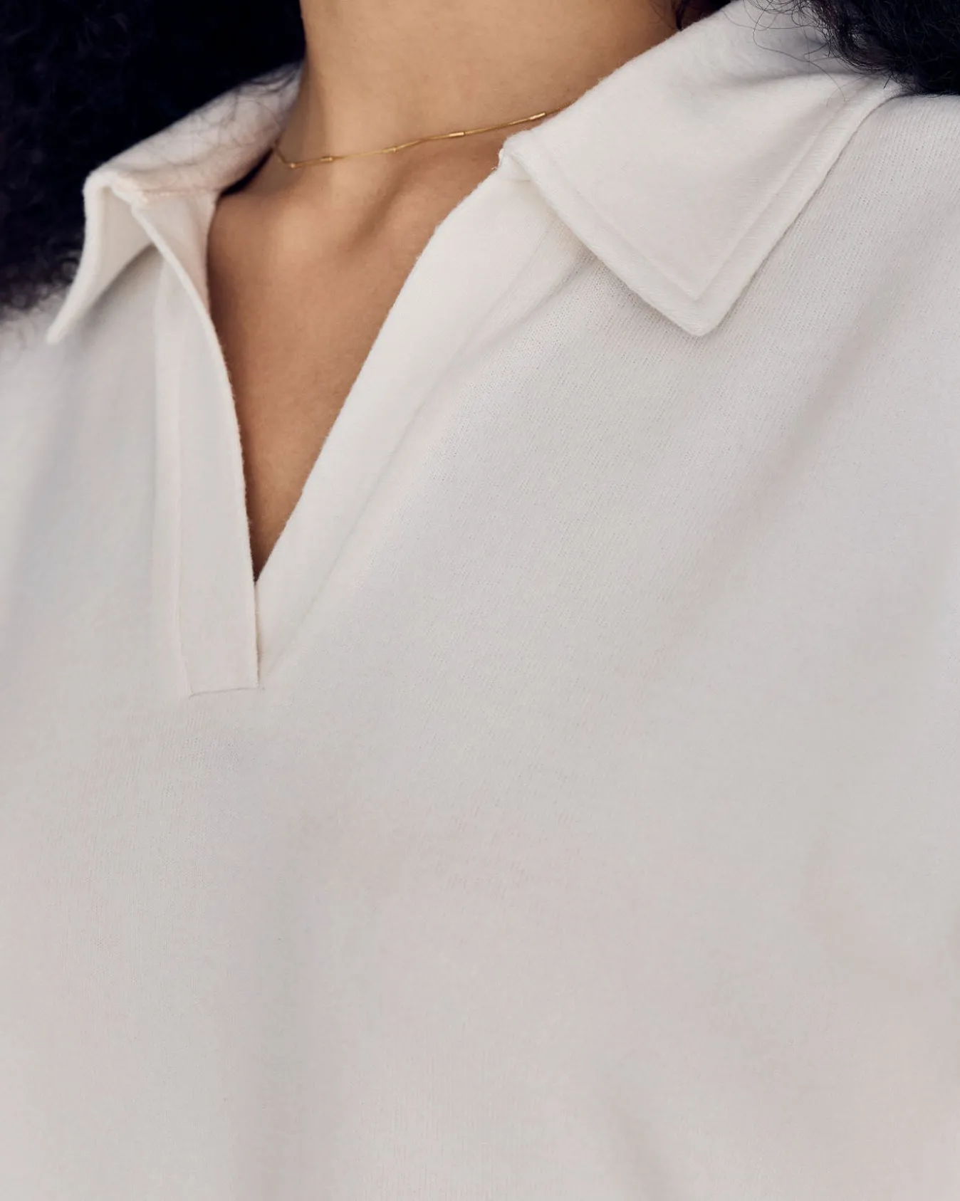 Slub-Knit V-Neck Short Sleeve Sweatshirt - Cream