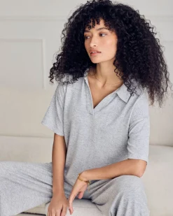 Slub-Knit V-Neck Short Sleeve Sweatshirt - Grey