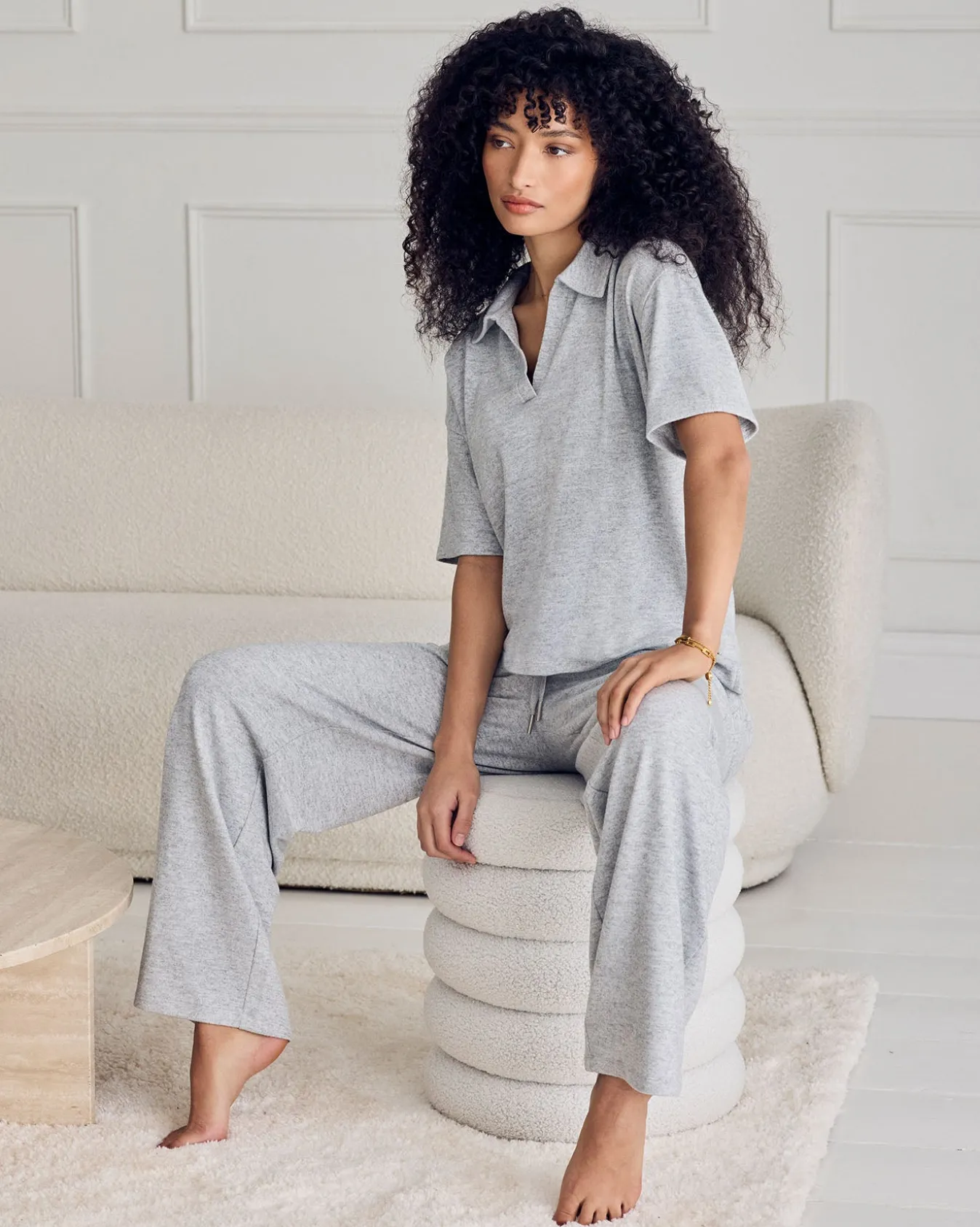Slub-Knit V-Neck Short Sleeve Sweatshirt - Grey