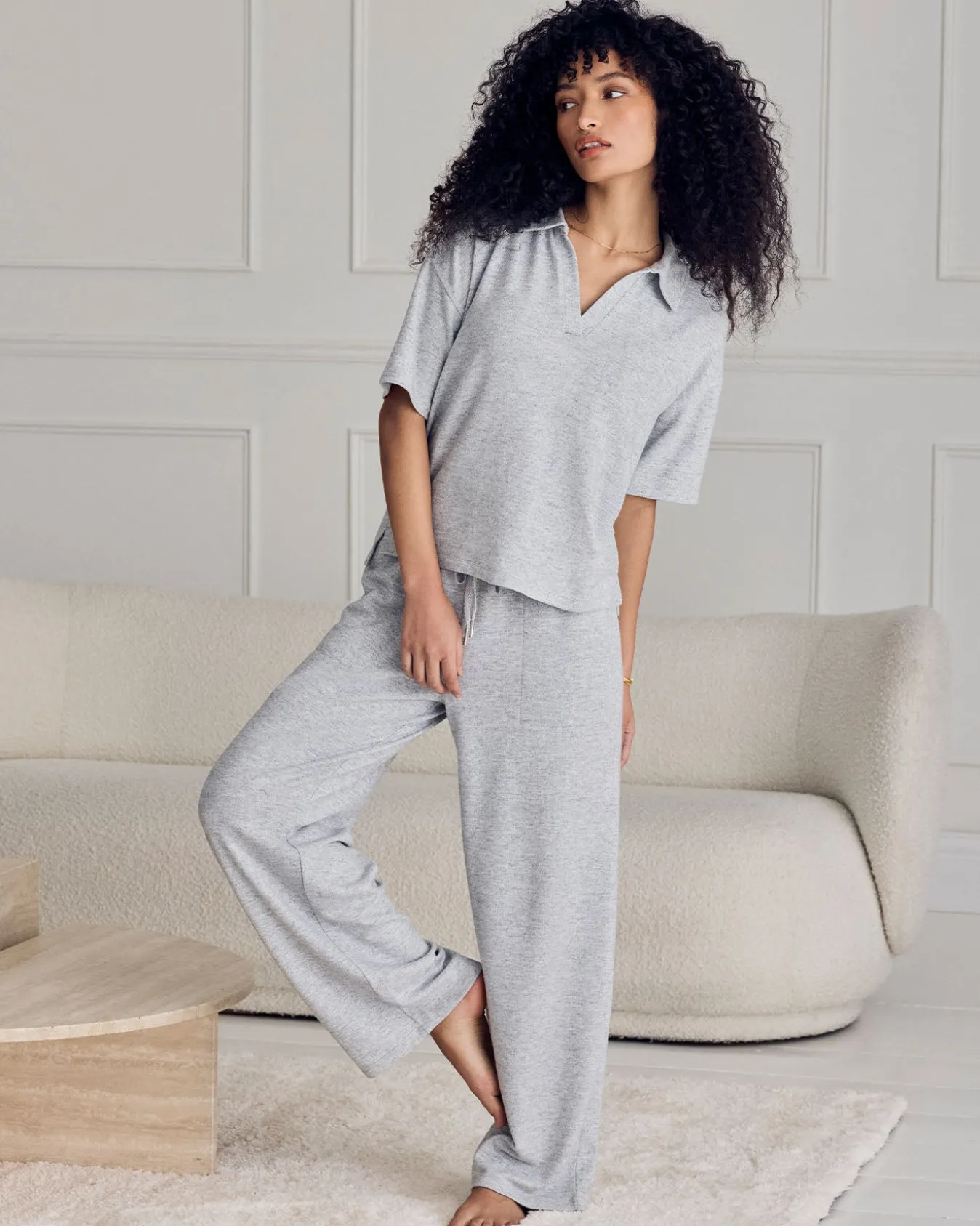 Slub-Knit V-Neck Short Sleeve Sweatshirt - Grey