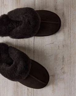Suede Sheepskin Mule Slippers - Brown