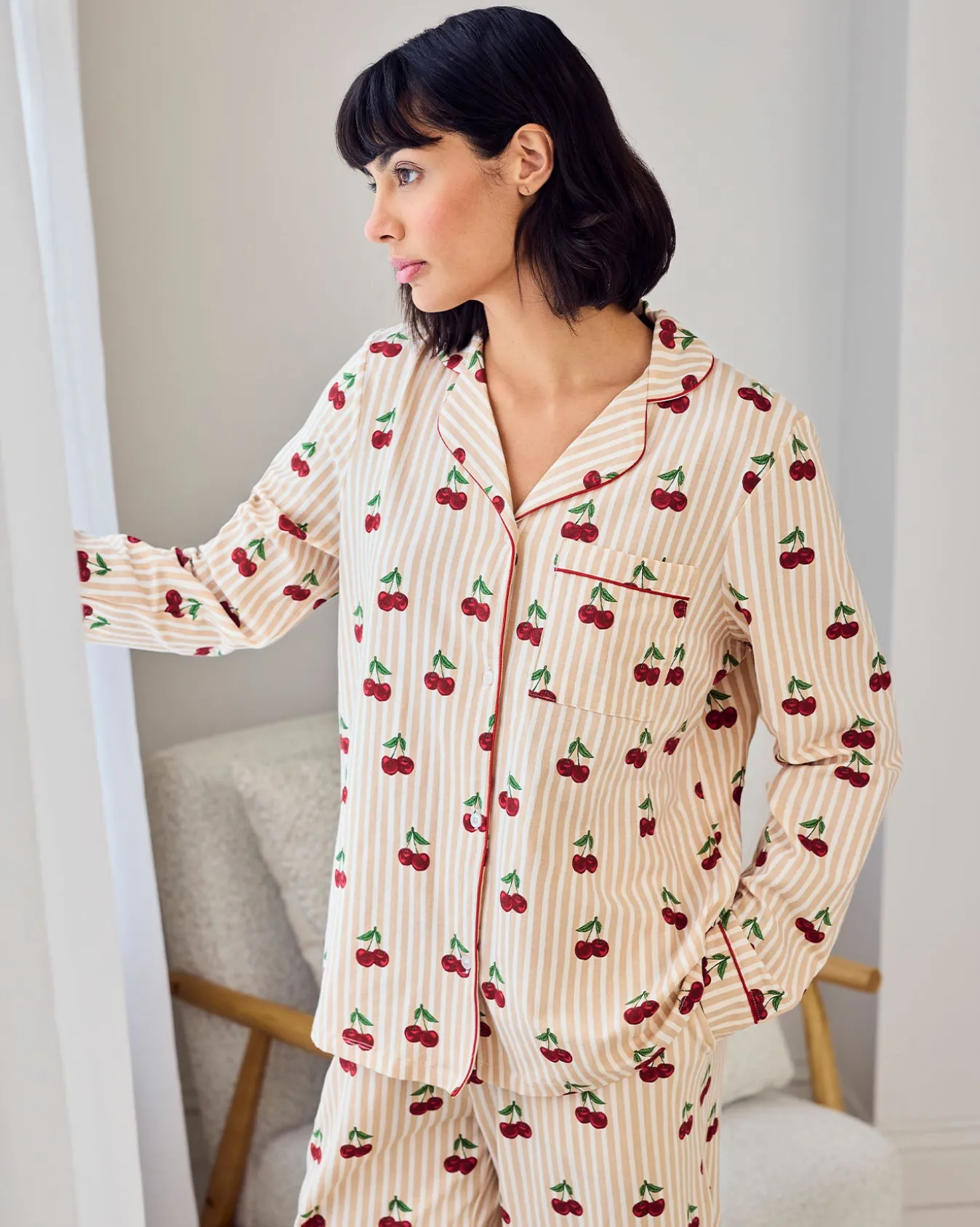 Tall Organic Cotton Cherry Stripe Print Long Pyjama Set