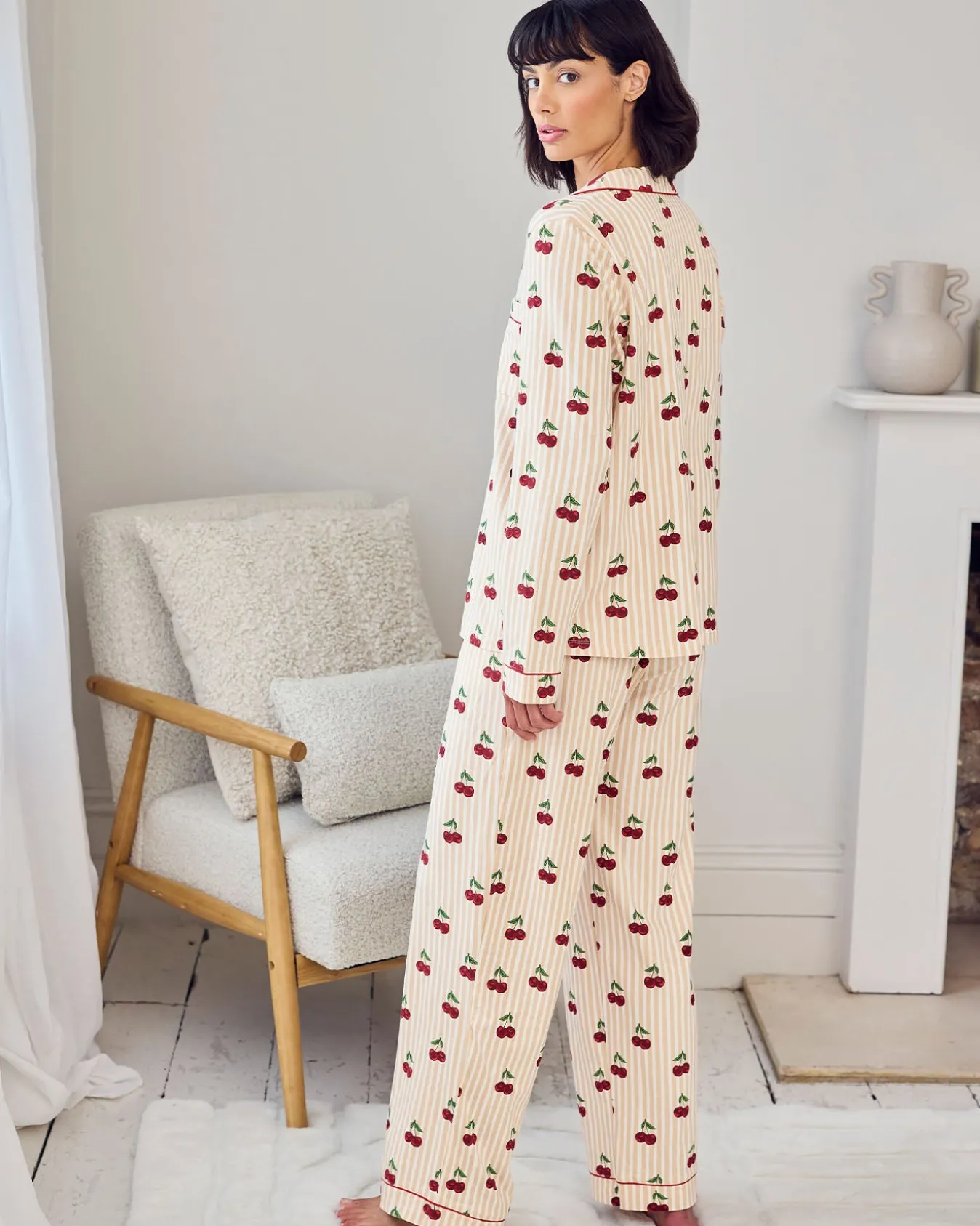Tall Organic Cotton Cherry Stripe Print Long Pyjama Set