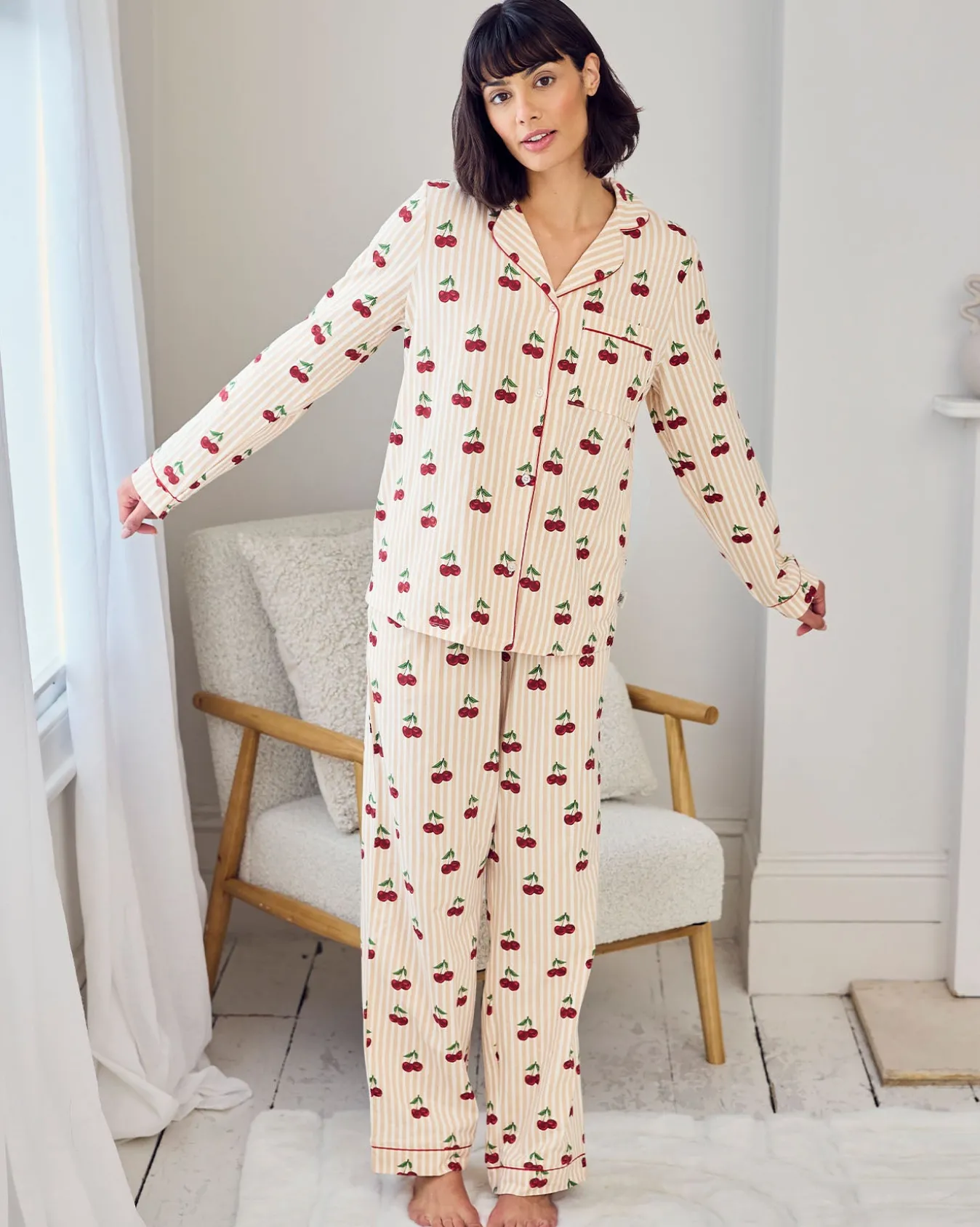 Tall Organic Cotton Cherry Stripe Print Long Pyjama Set