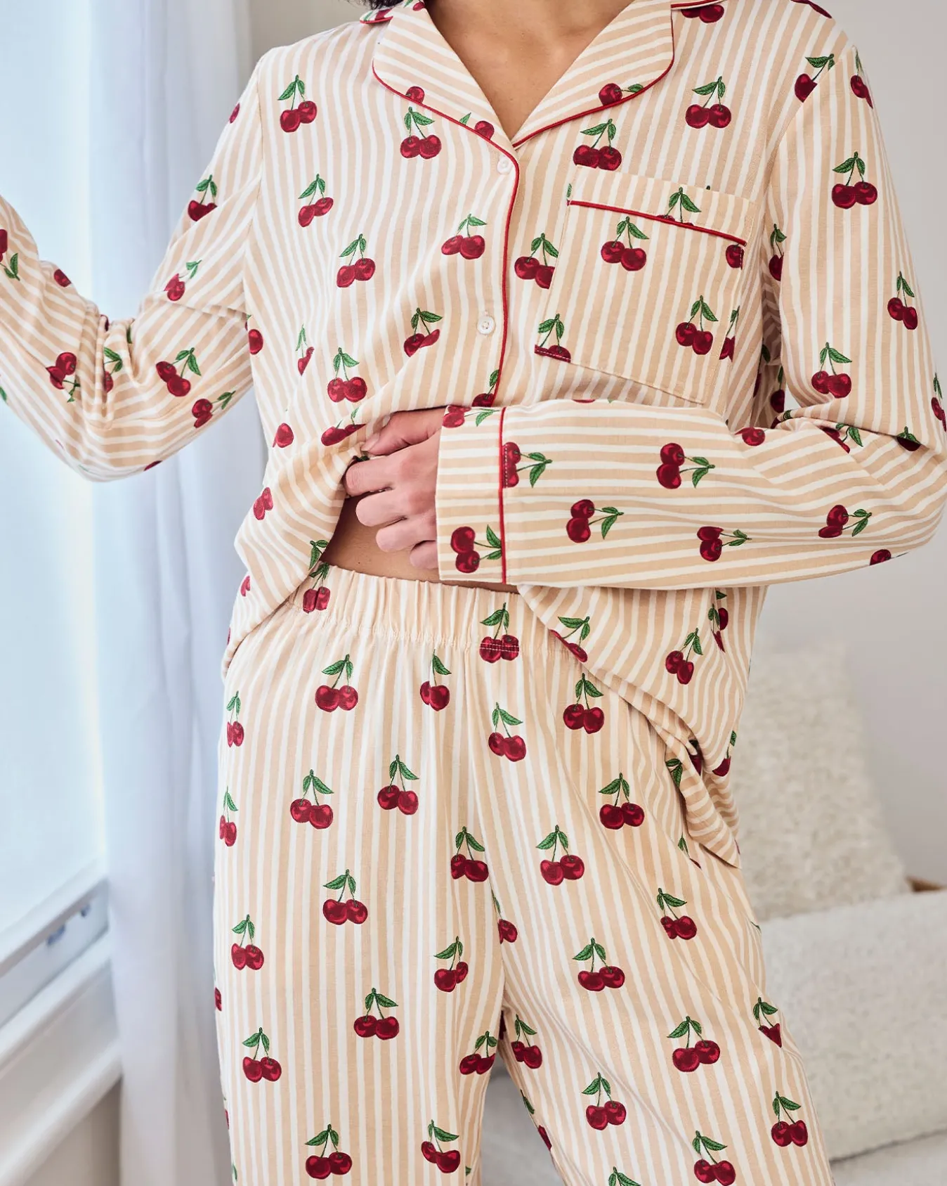 Tall Organic Cotton Cherry Stripe Print Long Pyjama Set