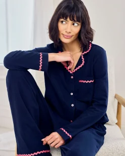 Tall Organic Cotton Embroidered Back Good Morning Long Pyjama Set - Navy